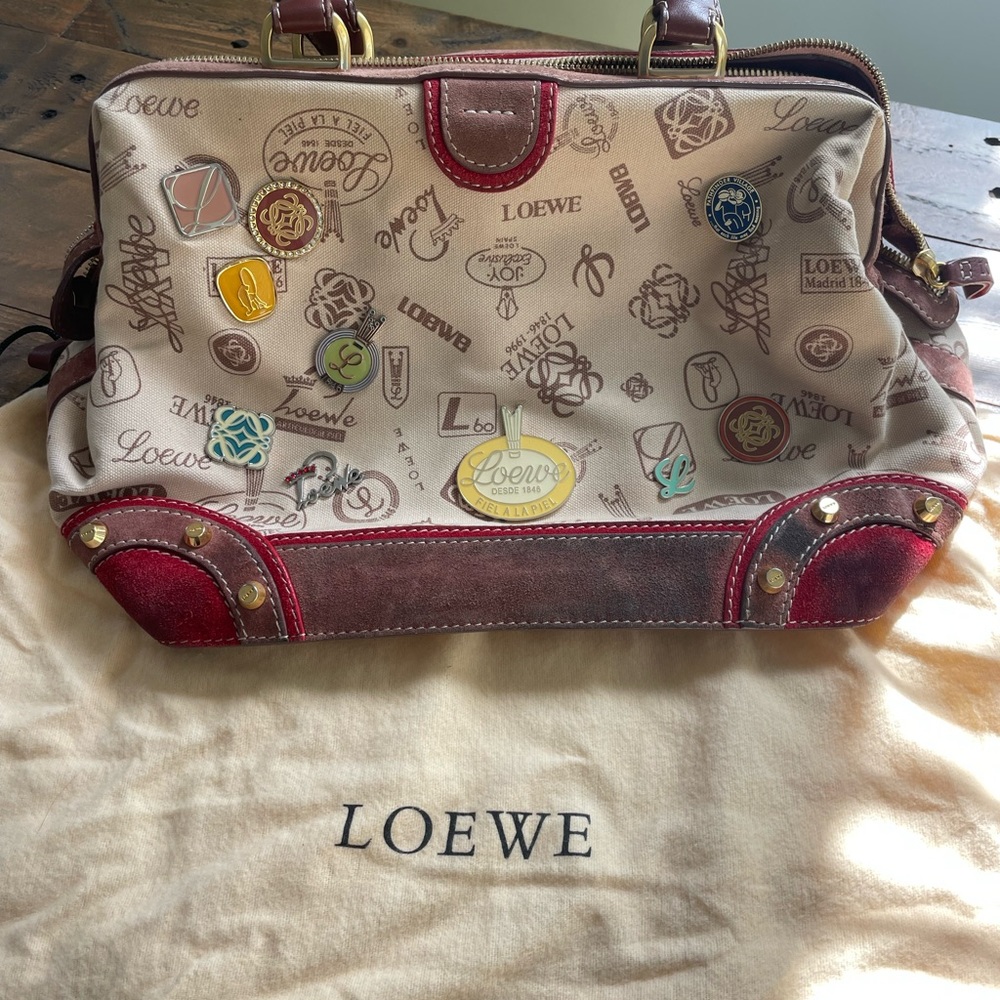100% Authentic Loewe 160 Anniversary handbag Cream & Red Tote, pins, used RARE